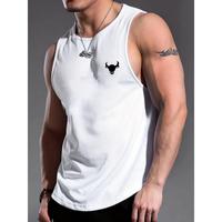 Stretchy Polyester |   Men's White Athletic Mesh Tank Top - Sleeveless, Breathable Polyester with Bull Head Print - Casual Su...