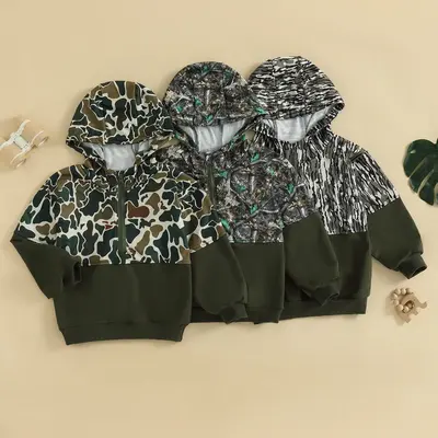 Babamoon Kids Baby Boy Hoodies Camouflage Half Zip-up Long Sleeve Hooded Sweatshirt Casual Toddler Pullover Tops Kids Camo Hu...