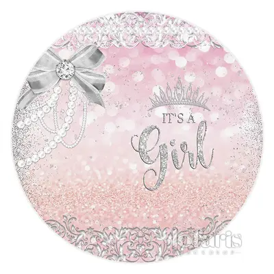 Aperturee Pearls And Diamonds Bow Pink Circle Baby Shower Backdrop | Custom Round Backdrop | Custom Round Backdrop Cover | Ro...