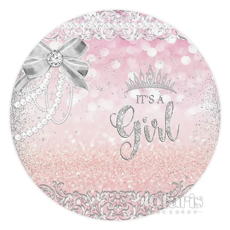 Aperturee Pearls And Diamonds Bow Pink Circle Baby Shower Backdrop | Custom Round Backdrop | Custom Round Backdrop Cover | Ro...