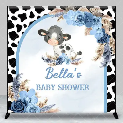 Aperturee Cow Print Boho Floral Custom Name Baby Shower Backdrop, 3X3FT(1X1M), 15 USD, custom baby shower backdrops, DZZH0E77...
