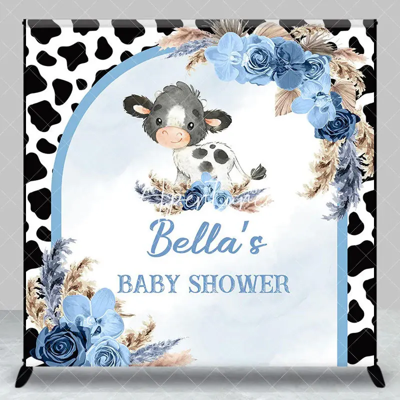 Aperturee Cow Print Boho Floral Custom Name Baby Shower Backdrop, 3X3FT(1X1M), 15 USD, custom baby shower backdrops, DZZH0E77...
