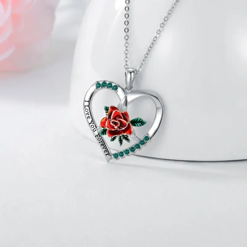Sterling Silver Cubic Zirconia Rose & Heart Pendant Necklace