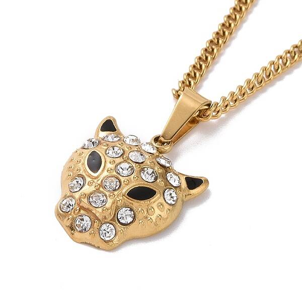 Crystal Rhinestone Leopard Pendant Necklace with Enamel