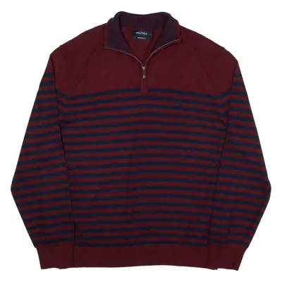 NAUTICA Patterned Jumper Maroon Striped Tight Knit 1/4 Zip Mens L