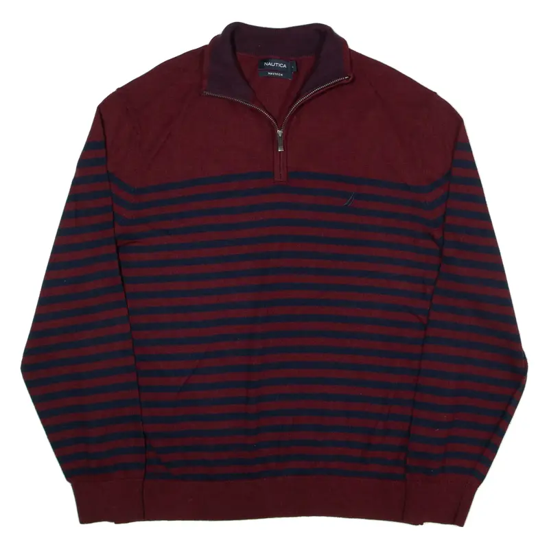 NAUTICA Patterned Jumper Maroon Striped Tight Knit 1/4 Zip Mens L