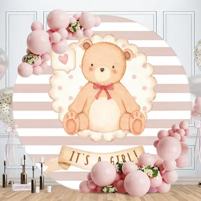Aperturee Its A Girl Bear Pink Circle Baby Shower Backdrop