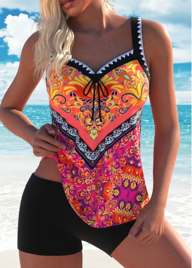 Modlily Bowknot Tribal Print Multi Color Tankini Set - XXL