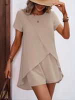 Women's Asymmetrical Hem Tee & Wide Leg Shorts, Minimalist Casual Short Sleeve T-shirt & Elastic Waist Shorts, Ladies Two-pie...