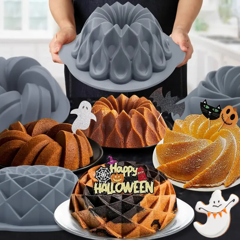 4-Pieces, Silicone fluted cake pan, and used for making Halloween Mu Si, chocolate, custard, brownies, bread, d also used for...
