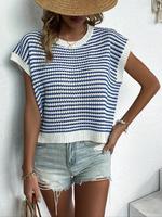 Women's Colorblock Ribbed Knit Sweater Vest, Casual Sleeveless Round Neck Knit Top for Summer, Fashion Women's Knitwear for D...