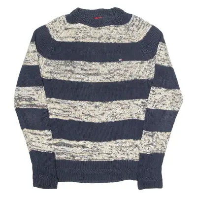 TOMMY HILFIGER Mens Patterned Jumper Blue Striped High Neck Chunky Knit S
