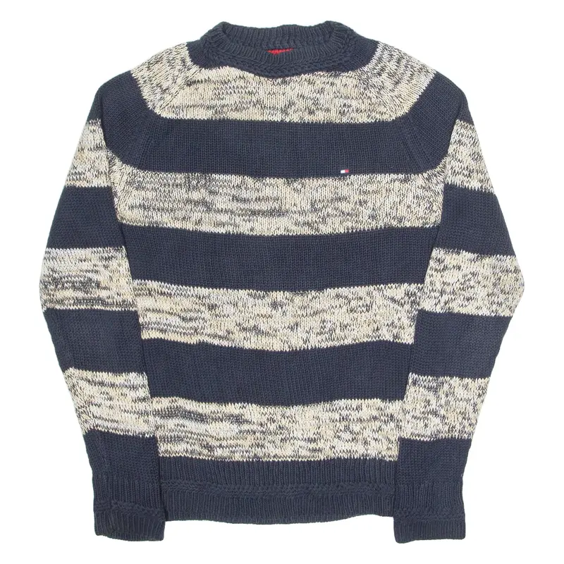 TOMMY HILFIGER Mens Patterned Jumper Blue Striped High Neck Chunky Knit S