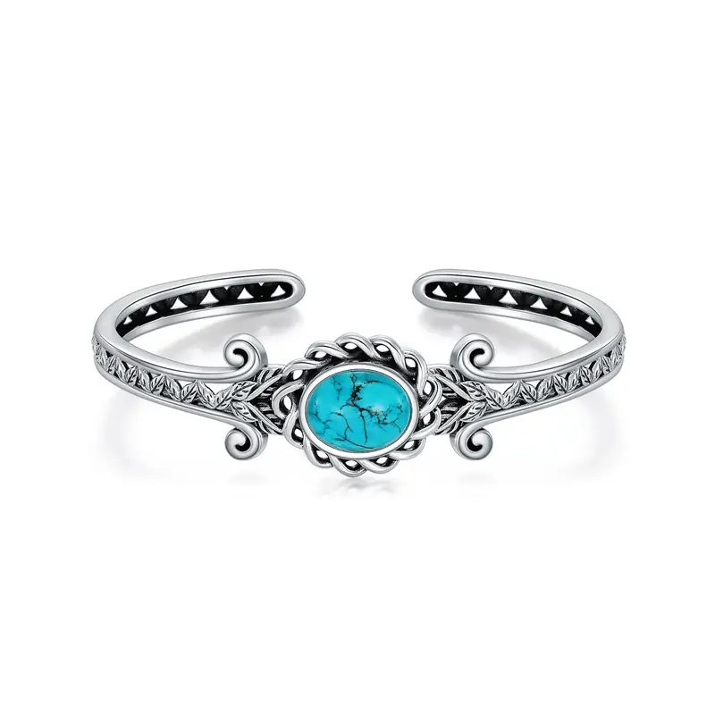 Sterling Silver Two-tone Turquoise Leaves Engraved Bangle Bracelet