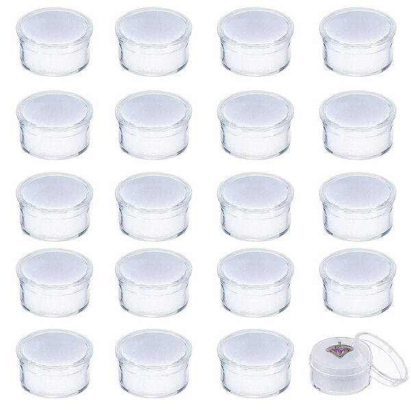 CHGCRAFT 20Pcs White Mini Round Stone Box Plastic Nail Loose Beads Decorate Storages with Sponge Mat for Jewelry Beads Displa...
