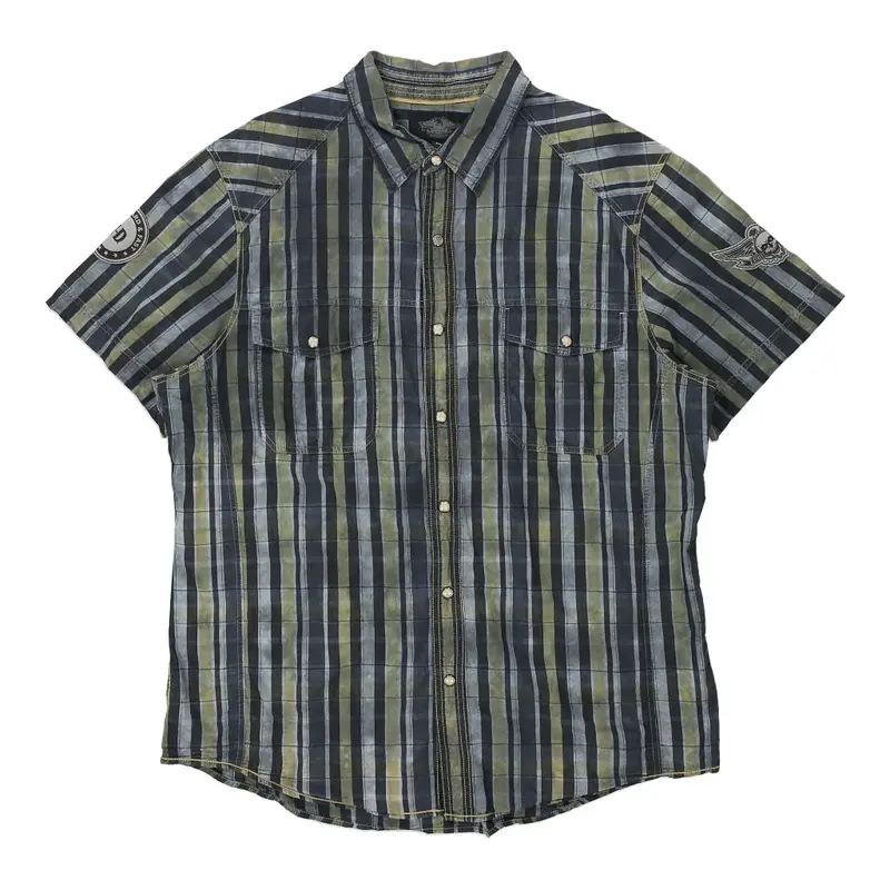 Harley Davidson Striped Short Sleeve Shirt - 2XL Blue Cotton