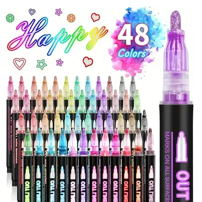 48 Colors Outline Marker Pen, 48pcs/set Glitter Marker Pen, Colored Line Marker Pen for Greeting Card, Gift, Glass Painting