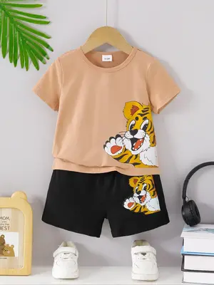 Toddler Boy's Tiger Print Short Sleeve Tee & Shorts Two-Piece Set, Casual Round Neck T-shirt & Shorts, Summer Clothes for Kid...