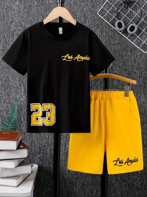 Two-Piece Set Toddler Boy's Letter Print Short Sleeve Tee & Pocket Shorts Set, Casual Round Neck T-shirt & Shorts for Summer,...