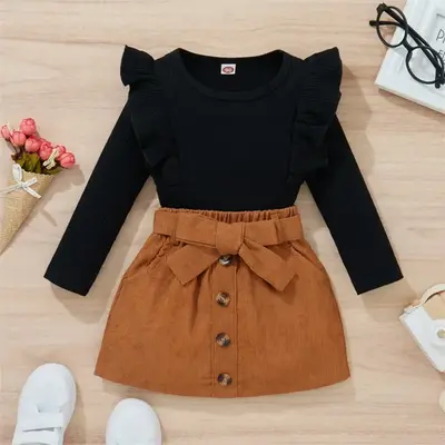 Kids Toddler Baby Girl Fall Outfit Long Sleeve Ruffle Shirt Blouse Pullover Tops & Mini Skirt with Belt Cute Clothes 2 Piece ...