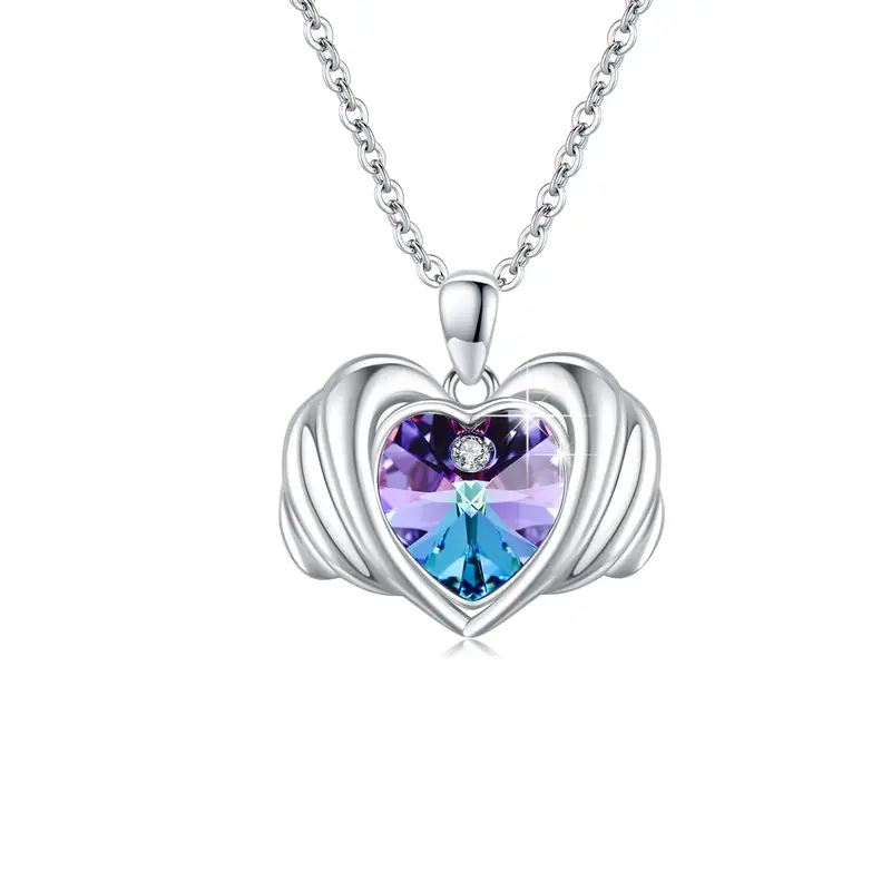 Sterling Silver Heart Crystal Angel Wing Pendant Necklace For Women