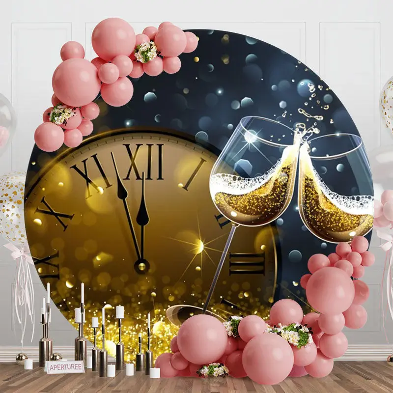 Champagne Clock Grey Bokeh Round New Year Backdrop - Aperturee