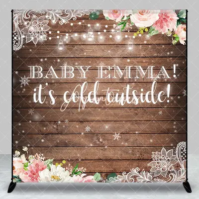 Aperturee Snowy Floral Wooden Custom Name Baby Shower Backdrop, 3X3FT(1X1M), 15 USD, custom baby shower backdrops, DZHJ07546-...