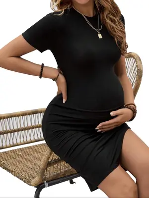 Maternity Solid Ruched Split Thigh Bodycon Maternity Dress, Casual Short Sleeve Round Neck Short Dress for Summer, Womenswear...