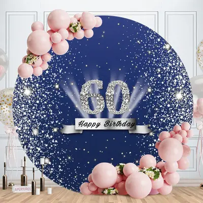 Aperturee Sliver Glitter Blue Round 60th Birthday Backdrop