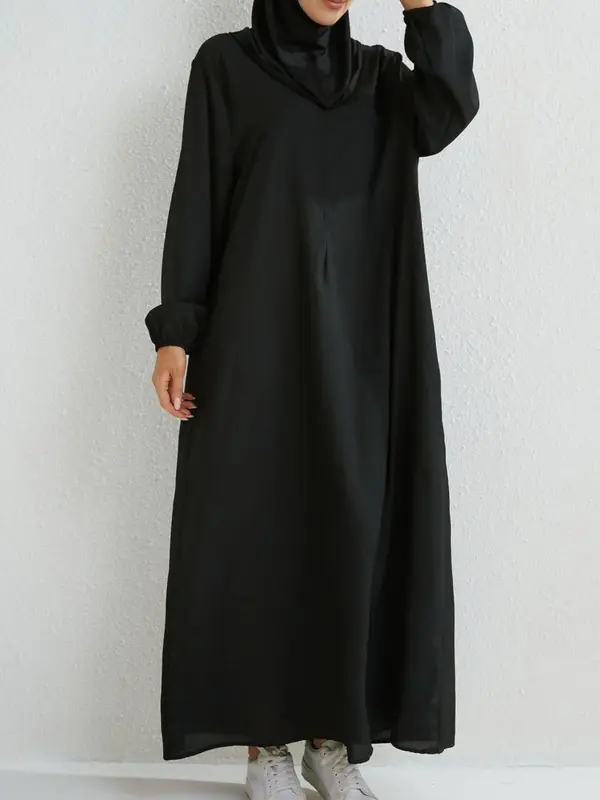 Women's Solid Color Zip Up Dresses, Casual Long Sleeve Dress for Spring & Fall, Women's Islamic Clothing for Daily Wear