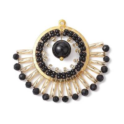 Natural Black Onyx(Dyed & Heated) & Glass Seed Beads Fan Pendants