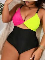 【Plus Size】 Colorblock Criss Cross Cut Out Twist Front One-piece Swimsuit, Casual Tie Back Sleeveless Swimwear for Beach ...