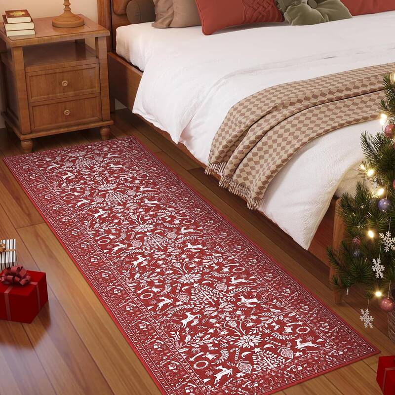 Garvee Traditional Christmas Red 2x6 Heavy Duty Washable Non-Slip & Stain Resistant Rug for Fireplace, Living Room, Entryway ...