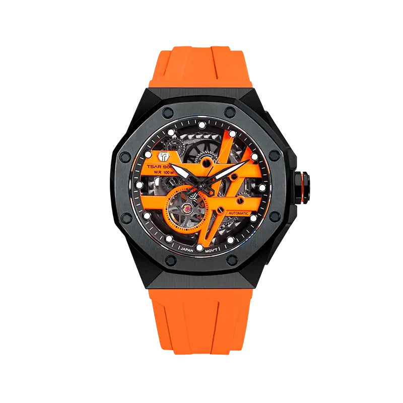 TSAR BOMBA Elemental Series Orange Black Men's Automatic Mechanical Watch 閳ワ拷Stainless Steel Bezel & Case, Skeleton Dia...