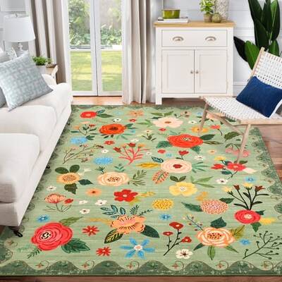 Garvee Green 9x12 Floral Area Rug - Machine Washable Non-Slip Low Pile Carpet, Vintage Soft Indoor Rug for Living Room Bedroo...