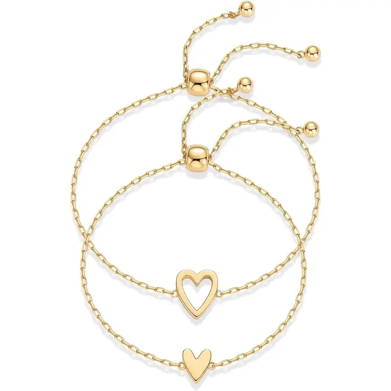 [B13] Mother's Day Matching Heart Charms Solitaire Bracelet Set for Women - Adjustable Love Friendship Two Bracelet Pack Deal...