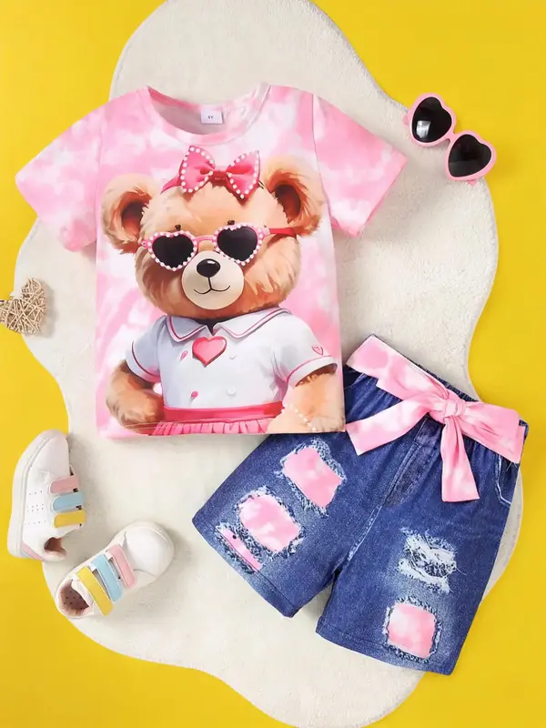 Two-piece Set Girl's Bear Print Tee & Denim-effect Print Shorts Set, Cute Casual Crew Neck T-shirt & Shorts for Daily Wear, K...