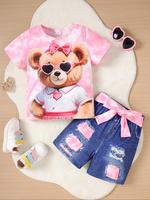 Two-piece Set Girl's Bear Print Tee & Denim-effect Print Shorts Set, Cute Casual Crew Neck T-shirt & Shorts for Daily Wear, K...
