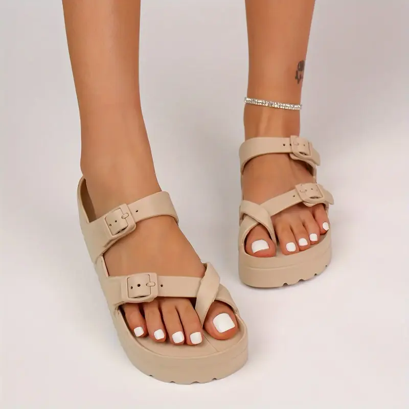 Women's elegant sandals Fashionable Plain Color Slip on Sandals Open Toe Sandals for Summer, Lightweight Breathable Thick Dai...