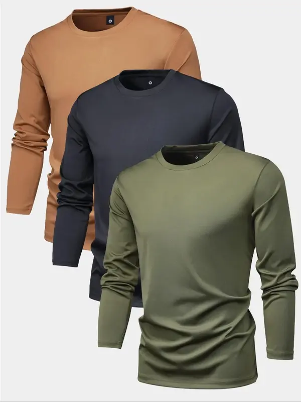 Men's Plain Round Neck Long Sleeve Tee, Regular Fit Simple Crew Neck T-Shirt, Drippy Outfits, Going Out Outfit, Versatile Men...