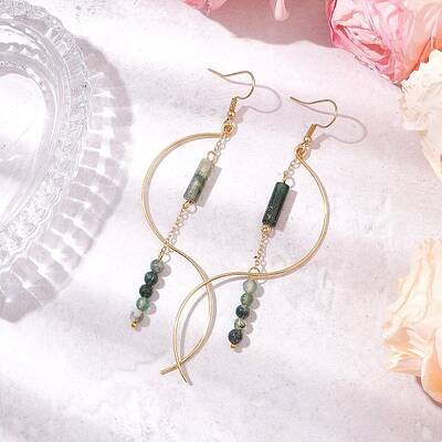 Column Natural Moss Agate Dangle Earrings