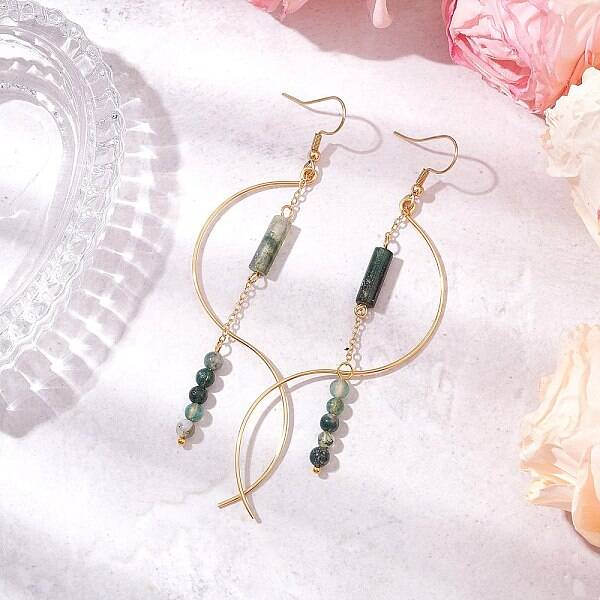 Column Natural Moss Agate Dangle Earrings