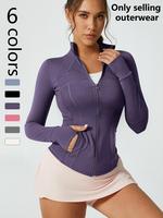 Women's Solid Zip Up Thumb Hole Sports Jacket, Long Sleeve Zip Front Outerwear for Yoga Gym Workout, Ladies Sportswear for Al...