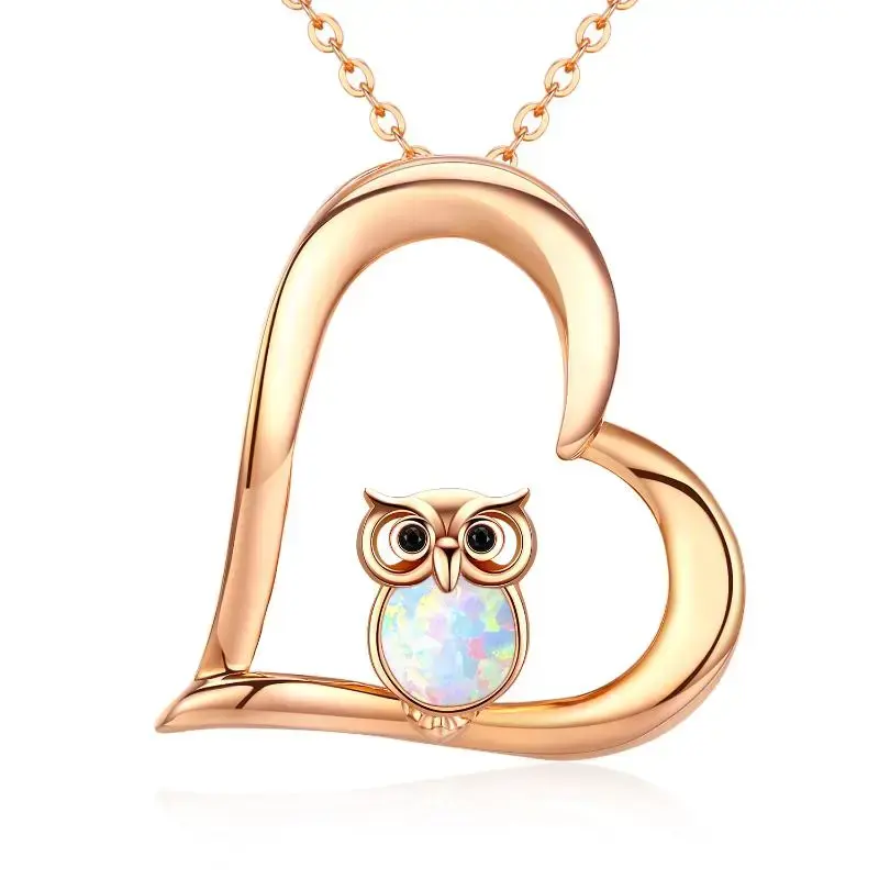 Sterling Silver with Rose Gold Plated Opal Owl & Heart Pendant Necklace