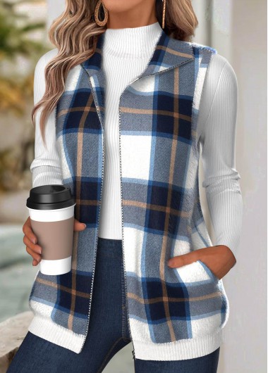 Modlily Navy Tummy Coverage Plaid Sleeveless Turn Down Collar Waistcoat - L