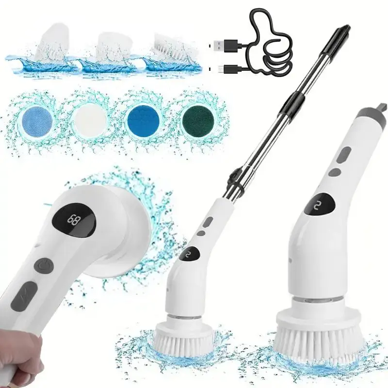 Durable Electric Spin Scrubber with LED Display, 1 Set USB Rechargeable Electric Spin Scrubber with 7 Interchangeable Brush ...