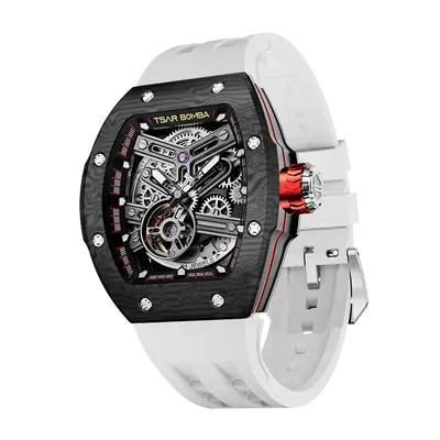 TSAR BOMBA Men's Automatic Skeleton Watch | Interchangeable Luxury Design | Elite White | Atomic TB8218 | Carbon Fiber