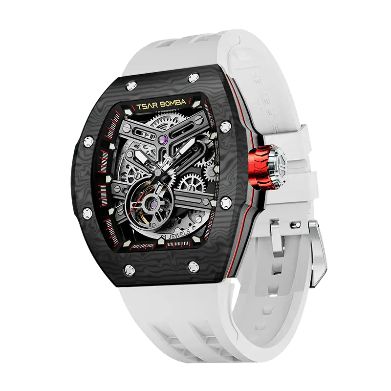 TSAR BOMBA Men's Automatic Skeleton Watch | Interchangeable Luxury Design | Elite White | Atomic TB8218 | Carbon Fiber