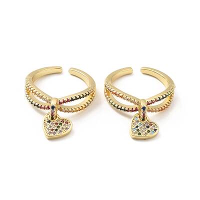 Rhinestone Heart Charm Open Cuff Ring
