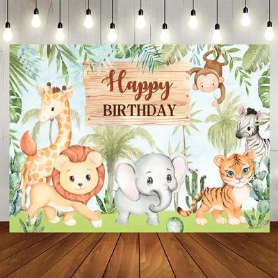 Aperturee Safari Little Animals Green Tree Birthday Backdorp